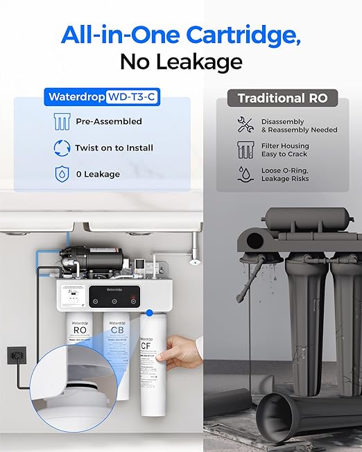 Waterdrop 𝐓𝟑-𝐑𝐂𝐎 Filter, Replacement for Waterdrop 𝐓𝟑-𝐂 Tankless Reverse Osmosis Water Filter (𝐂𝐅*𝟐 + 𝐂𝐁*𝟏 + 𝐑𝐎*𝟏)