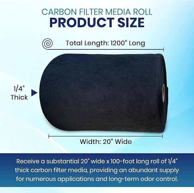 Activated Carbon Filter Media Roll - 31" x 100' x 1/4" Thick, Odor Control, Cut to Size, Filter Range Hood, AC Filter Material, Durable Carbon Filters, Made in USA