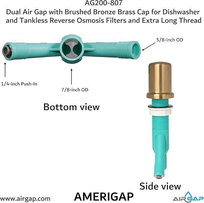 Dual Air Gap with Brushed Bronze Brass Cap for Dishwasher and Tankless Reverse Osmosis Filter and Extra Long Thread (AG200-807, AG200-X07, AMERIGAP)