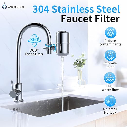 WINGSOL Stainless Steel Water Filter for Sink Faucet, NSF/ANSI 42&53, 360° Rotating Tap Purifier Reduce PFAS, Lead, Chlorine & Microplastics, 350 Gallons Long-Lasting Reinforced Housing Built-to-Last