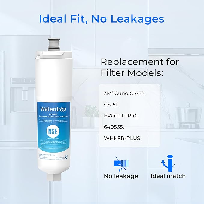Waterdrop Refrigerator Water Filter, Replacement for Bosch® 640565, Whirlpool® WHKF-R-PLUS, EVOLFLTR10, 3M® Cuno CS-52, CS-51, W1085590, 51000, 3 Filters