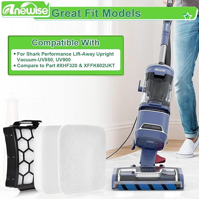 UV850 Filter Replacement for Shark Performance Lift Away UV850 UV900 UV950 DuoClean Upright Vacuum, 2 HEPA Filters and 4 Foam & Felt Filters, Compare to Part #XHF320 & XFFK602UKT