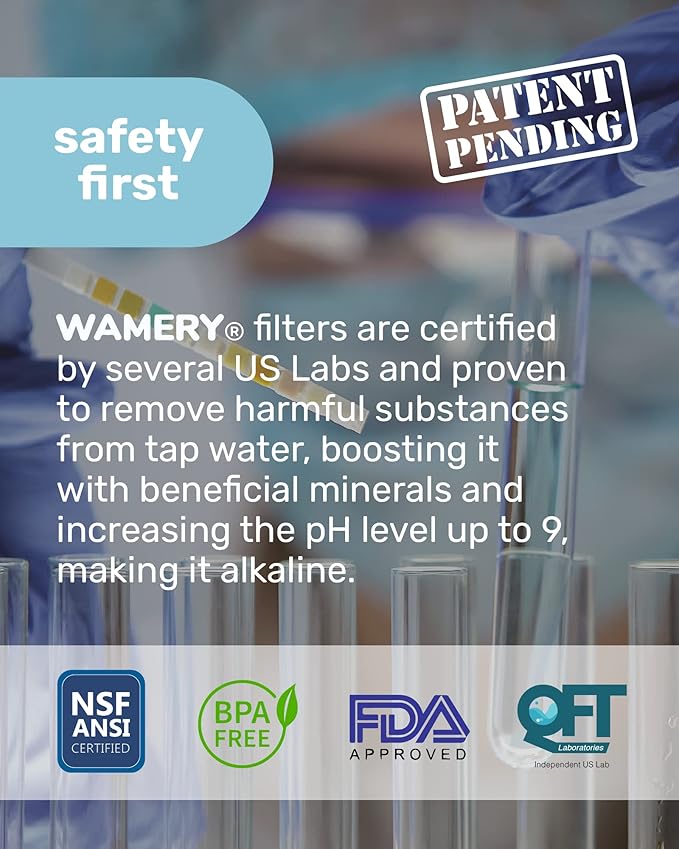 Wamery Alkaline Pitcher Water Filter Replacement - Single Filter, Improves pH & Taste, 42-Gallon Capacity, Coconut Activated Carbon with Mineral Layer, Leak-Free Fit, Easy Install, BPA-Free