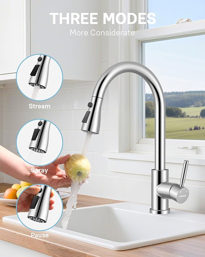WEWE Kitchen Faucet with Pull Down Sprayer and Soap Dispenser, Polished Chrome High Arc Single Handle Stainless Steel Sink Faucet, Suitable for Farmhouse, RV & Laundry