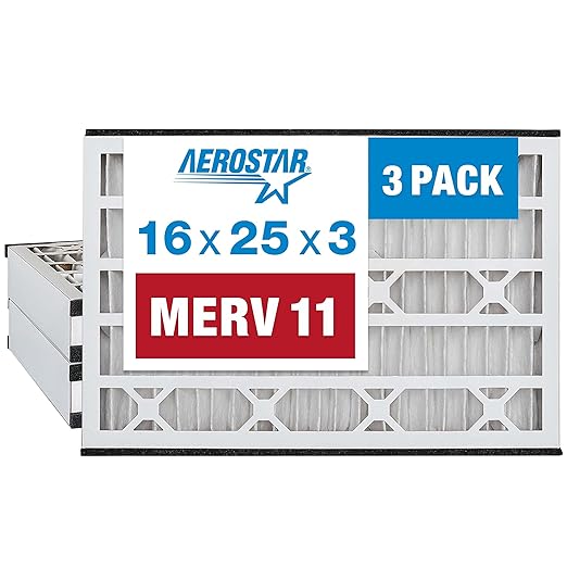 Aerostar 16x25x3 MERV 11 - 3 Count - Pleated HVAC, Furnace & Air Conditioner Filters - Removes Dust, Cold & Flu Germs, Lint, Mold, Pet Dander, Allergy-Causing Pollen, Smog & Smoke