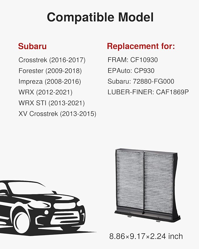 Puroma Cabin Air Filter with Activated Carbon, Replacement for CP930, CF10930, CAF1869P, Subaru: 72880-FG000, Compatible with Crosstrek, Forester, Impreza, WRX, WRX STI, XV Crosstrek