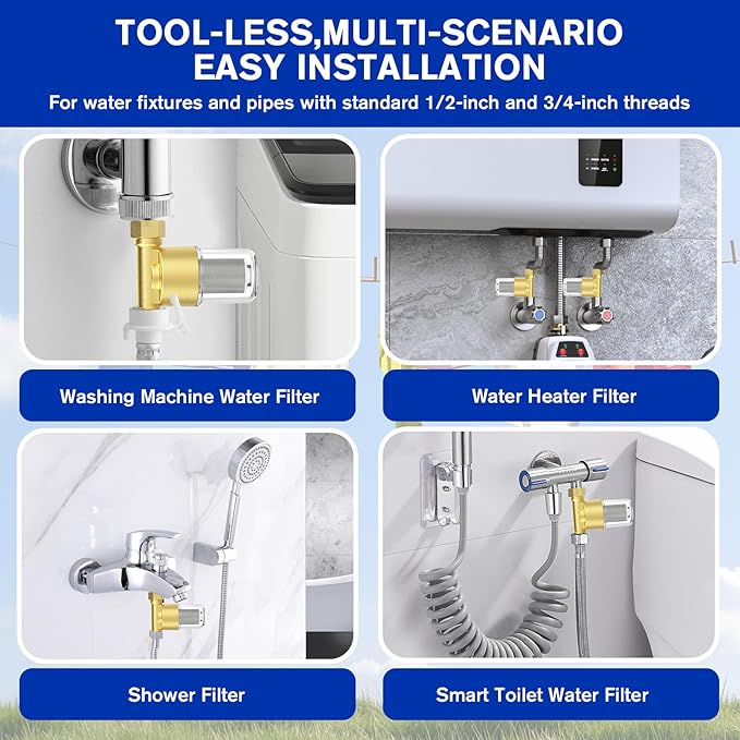 Pacify 40 Micron Reusable Brass Sediment Filter, Inline Washing Machine Water Filter System for Washer, Shower, Heater, Well Water, Garden, RV, Impede Scale