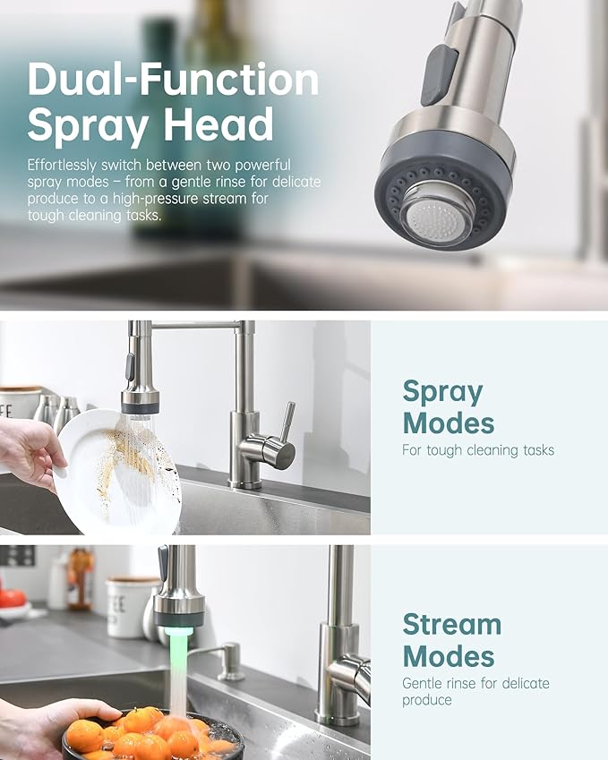 GIMILI LED Kitchen Faucet with Soap Dispenser, Modern Single Handle Spring Kitchen Sink Faucets with Pull Down Sprayer