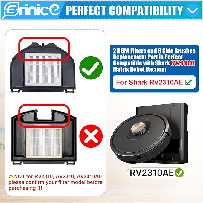 RV2310AE replacement part compatible with shark matrix self emptying robot vacuum cleaner rv2310ae accessories filter side brushes kit, 2 filter, 6 side brushes, 1 cleaning brush, 9 pack