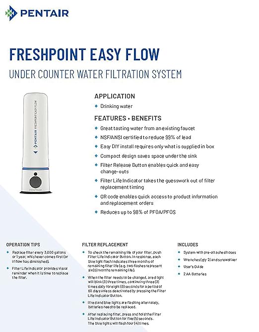 Pentair FreshPoint Replacement Cartridge for Easy Flow Undersink Water Filtration System, PFAS Water Filter, NSF Certified to Reduce Lead and PFOA/PFOS, Lasts Up to 1 Year or 3,000 Gallons
