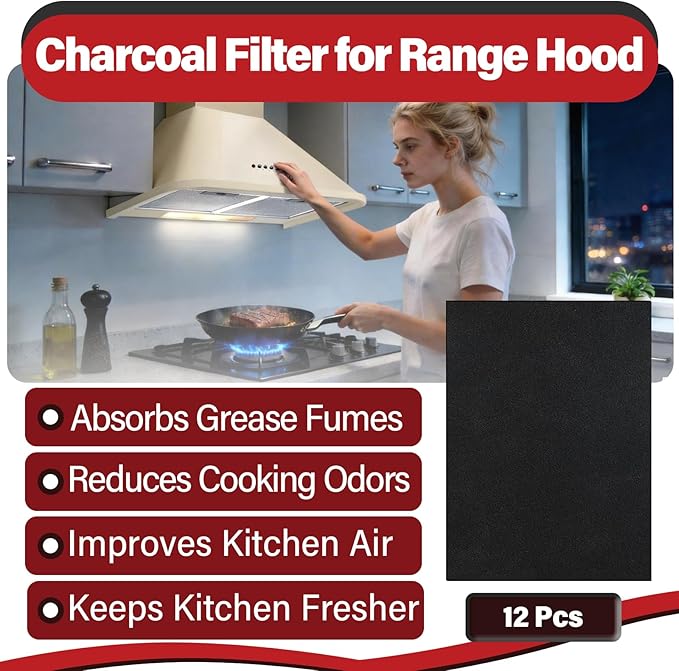 12 Pcs Range Hood Charcoal Filter Compatible with Broan-NuTone 43000 Series Range Hood, Replace Part Number BP58, 7.75" x 10.5" Charcoal Filter, Effectively Absorb Kitchen Fumes