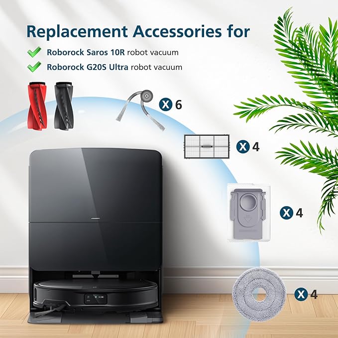 Saros 10R Accessories for Roborock Saros 10R / Qrevo CurvX Robot Vacuum, Replacement Parts with 4 Dust Bags, 4 Mop Pads, 4 HEPA Filters, 6 Side Brushes, Dual Zero-Tangling Main Brush