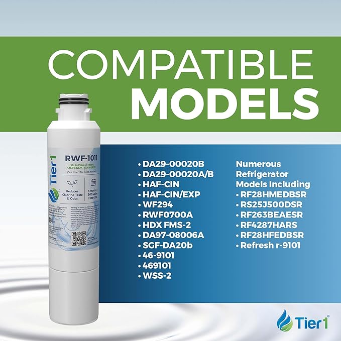 Tier1 RWF1011 DA29-00020B Refrigerator Water Filter | Replacement for Samsung HAF-CIN, WF294, FMS-2 Fridge Filter - Up to 12 Months Supply | Easy Install | Odor Control | Great Tasting Water (2-pk)