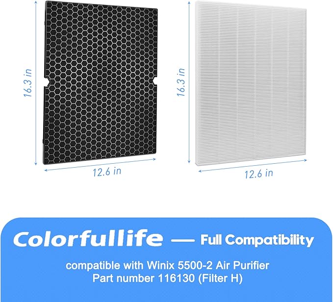 Colorfullife 2 Sets 116130 Replacement Filter H for Winix 5500-2 AM80 Plasmawave Air Purifier, 2 True HEPA Filter and 2 Activated Carbon Filter Combo Pack, Replacement Part 116130