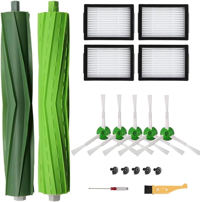 Replacement Parts and Accessories Compatible for iRobot Roomba i3, i4, E5, E6, E7, I, E & J Series Vacuum Cleaners - 1 Set of Rubber Brushes 4 HEPA Filters & 5 Side Brushes