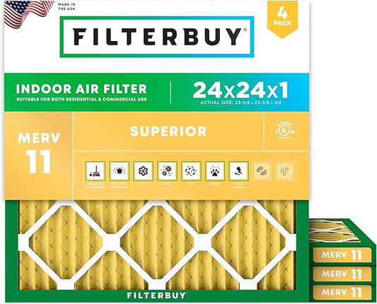 Filterbuy 24x24x1 Air Filter MERV 11 Superior Pet & Allergy Defense (4-Pack), Electrostatic Pleated HVAC AC Furnace Filters Replacement (Actual Size: 23.38 x 23.38 x 0.75)