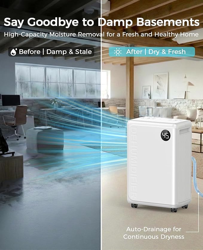 32 Pint Dehumidifier for Basement, 2500 sq.ft Dehumidifiers for Home with Drain Hose, 3 Modes, Auto Defrost, 24H Timer, Quiet Smart Humidity Control for Large Room, Bedroom, Bathroom, RV