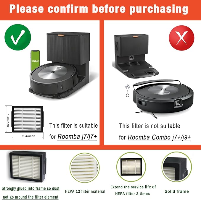 Vacuum Replacement Parts for iRobot Roomba Combo i3, i3+, i5, i5+, i8, i8+, j5, j5+ models, 1 set Rubber Roller, 3 Reusable Mopping Pads, 3 HEPA Filters and 3 Edge-Sweeping Brushes
