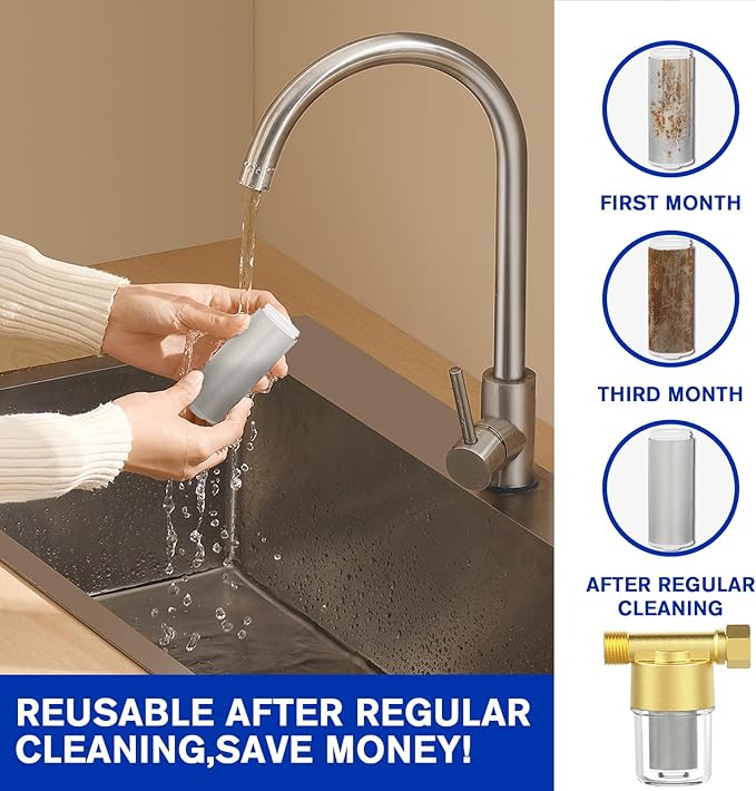 Pacify 40 Micron Reusable Brass Sediment Filter, Inline Washing Machine Water Filter System for Washer, Shower, Heater, Well Water, Garden, RV, Impede Scale