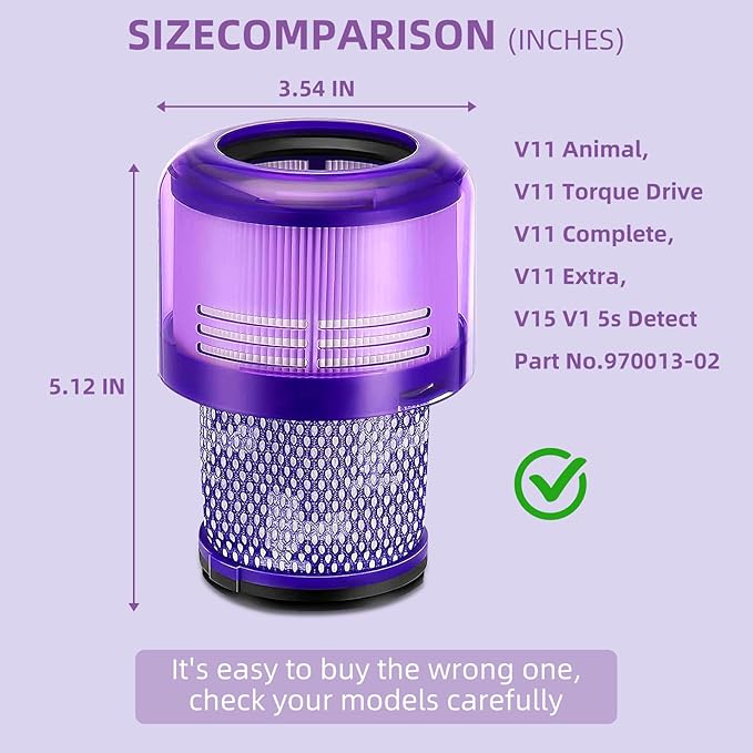 3 Pack Filter for Dyson V11 Absolute Torque Drive Animal, V15 Detect, SV14, SV22 Vacuum Cleaners, Dyson Cordless Vacuum Cleaner Filter Replacement Accessory # 970013-02 & 970013-03
