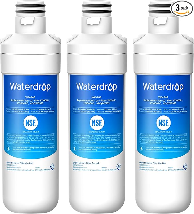 Waterdrop LT1000PC ADQ747935 MDJ64844601 Refrigerator Water Filter, Reduce chlorine, bad taste and odor, Replacement for LG® LT1000P®, ADQ74793501, ADQ74793502, Kenmore 46-9980, Pack of 3