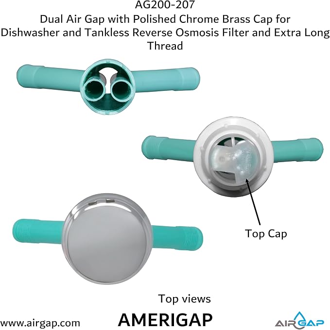 Dual Air Gap with Polished Chrome Brass Cap for Dishwasher and Tankless Reverse Osmosis Filter and Extra Long Thread (AG200-207, AG200-X07, AMERIGAP)
