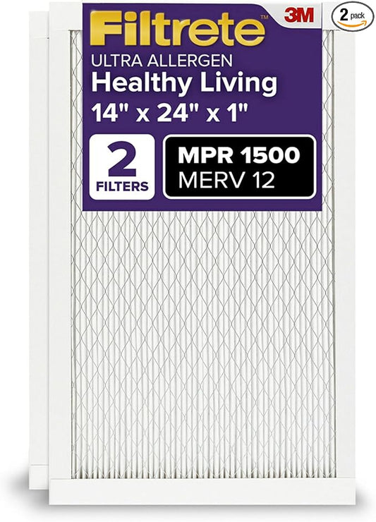 Filtrete 14x24x1 AC Furnace Air Filter, MERV 12, MPR 1500, CERTIFIED asthma & allergy friendly, 3 Month Pleated 1-Inch Electrostatic Air Cleaning Filter, 2-Pack (Actual Size 13.81x23.81x0.78 in)