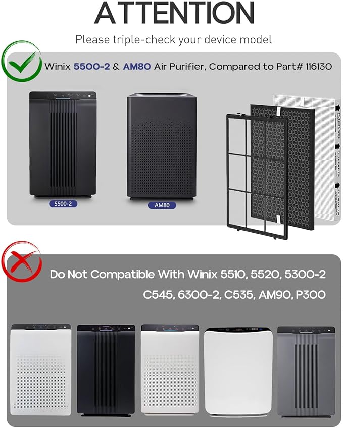 116130 Replacement Filter H Compatible with Winix 5500-2 Plasmawave Air Puri-Fier and Models Am80, Include 3 True HEPA Filter H and 3 Activated Carbon Pre-Filters and 1 Washable Pre-Filter