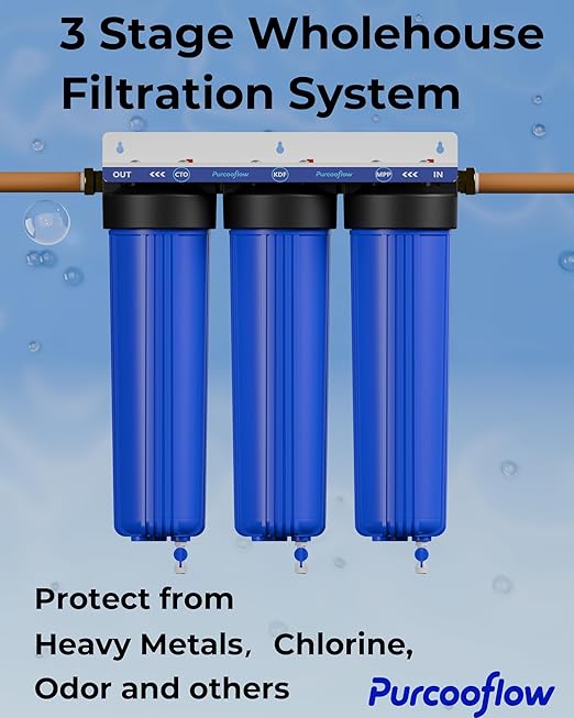 3-Stage Whole House Water Filter System, Heavy Metal Reduction, 20x4.5 Inch, Includes PP, KDF & CTO Carbon Block, 1" NPT Brass Ports, Drain Valves & Install Kit