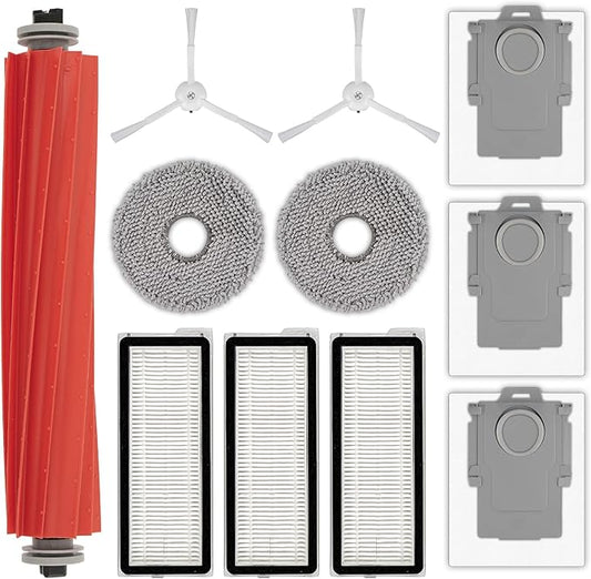 (11 Pack) QRevo S Replacement Parts Compatible with Roborock Qrevo S, Qrevo Pro, Qrevo MaxV, QRevo Plus Robot Vacuum, 1 Roller Brush, 2 White Side Brushes, 3 Dust Bags, 3 HEPA Filters, 2 Mop Pads