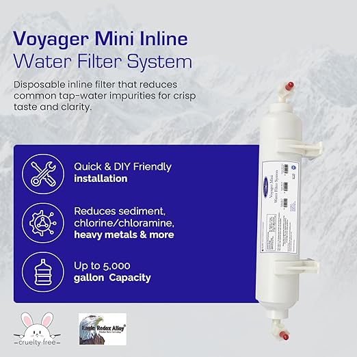 Crystal Quest Voyager Mini Inline Water Filter – 4-Stage Filtration, 2,000 Gallon Capacity, Fits 1/4" Tubing for Refrigerators, Ice Makers, Water Dispensers, Soda Makers & More