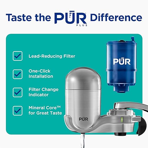 PUR PLUS Vertical Faucet Mount Water Filtration System, Lead-Reducing Filter, Great-Tasting Water, Easy Install, Lasts 100 Gallons, Compatible with Sinks with External Aerators, Stainless Steel