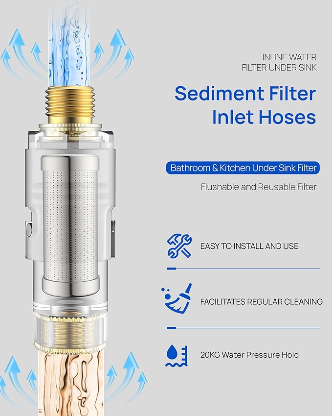 Under Sink In line Water Filter - Sediment Water Filter, Reusable Impurity Filter Attachment, 9/16" Female x 9/16" Male Thread Connector Size for Bathroom Kitchen RV Faucet Supply Lines (1 Pair)