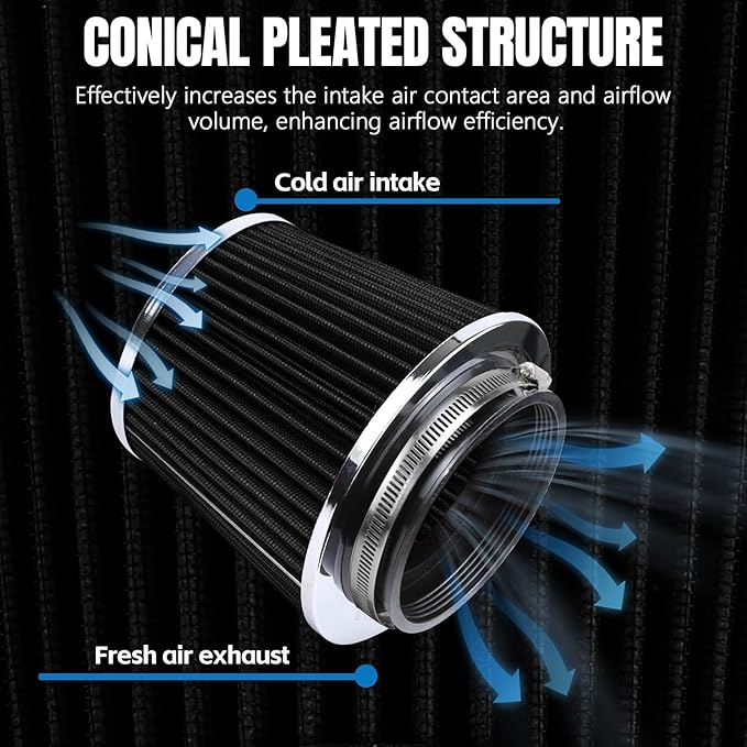 Hovom Universal Clamp-On Air Intake Filter, 76 89 102MM (3/3.5/4in) High Flow Round Tapered Cold Air Intake Filter, High Performance, Washable & Reusable, Engine Filters Replacement (Black)