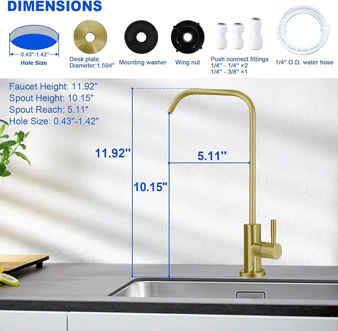 Drinking Water Faucet - Long Thread Stem Filtered Water Tap for Thick Countertop,Lead-Free RO Faucet with Hose and Push Connect Fittings(Matte Gold - "7" Shape)