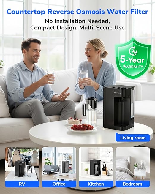 Mate 3 Reverse Osmosis Water Filter Countertop, 3:1 Pure to Drain, 44oz Smart Autofill Pitcher, No Installation Water Purifier, 8 Stage RO Water Filtration, with Remineralization, Black