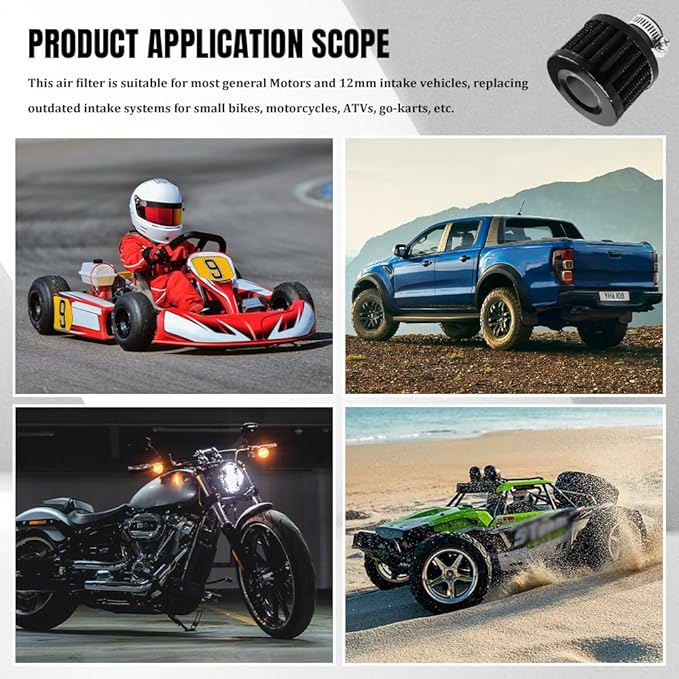 2PCS Breather Filter, Air Intake Filter, 12mm Auto Air Filter Vent Crankcase Breather with Adjustable Clamp, Universal Car Accessory Valve Cover Breather Fit for Car and Motorcycle (Black)