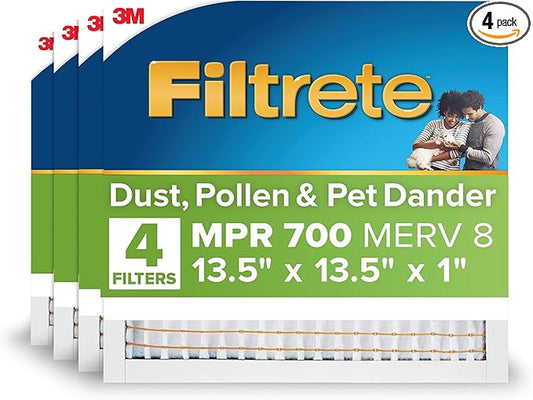 Filtrete 13.5x13.5x1 AC Furnace Air Filter, MERV 8, MPR 700, Tough on Pollen, Easy on Airflow, 3-Month Pleated 1-Inch Electrostatic Air Cleaning Filter, 4-Pack (Actual Size 13.19 x 13.19 x 0.81 in)
