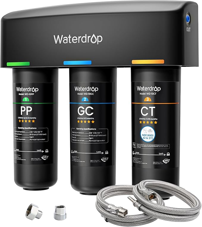 Waterdrop TSA 8 Layer Under Sink Water Filter System, Under Sink Water Filtration System, Reduces PFAS, PFOA/PFOS, Fluoride, Chlorine, Bad Taste & Odor, NSF/ANSI 42 Certified Element, USA Tech