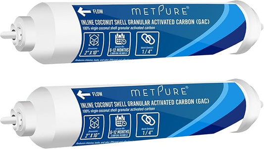 Metpure In line Water Filter 2" x 10" Coconut Shell Post Activated Carbon Water Filter Replacement 1/4" Quick Connects for Inline Reverse Osmosis RO Water Filtration, Refrigerator, Ice Maker [2 Pack]