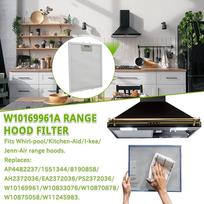 W10169961A Range Hood Filter Replacement 5 Layer Aluminum Mesh Hood Grease Filter Fit for Whirlpool, Kitchen Aid, Jenn-Air Range Hoods(2PCS)