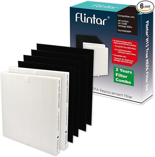 Flintar Replacement Air Filter, Compatible with Coway Air Purifier AP-1512HH and Airmega 200M, (2) H13 Grade Main Filter and (4) Activated Carbon Filters, 2-Year Filter Pack