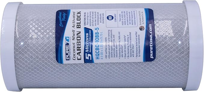 PureT HQCBC-10BB-5, 10x4.5" Coconut Carbon Block Filter - NSF Certified - Cononut Shell Activated Carbon removes Chlorine, Dirt and More (5 u Micron Rated)