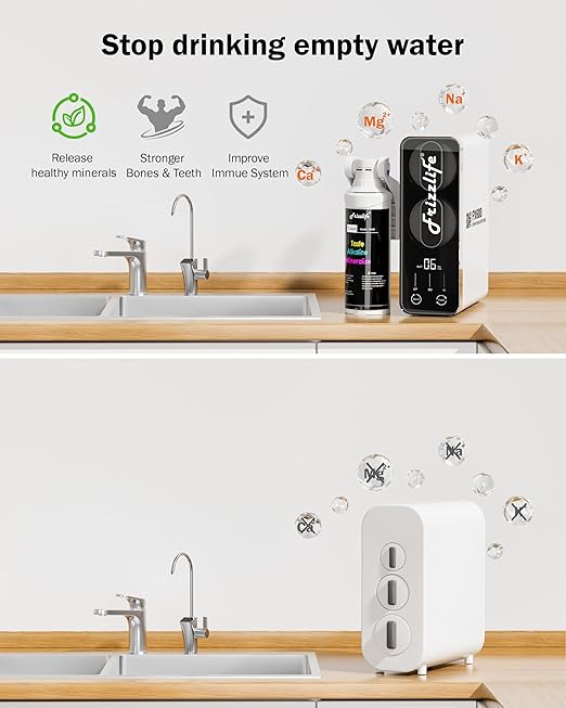 Frizzlife Reverse Osmosis Water Filter - Alkaline Mineral pH+, NSF/ASNI 58&53&42&372 Standard, 600GPD Tankless RO Reverse Osmosis System, Under Sink, 2:1 Pure to Drain, Smart LED Faucet, PD600-N