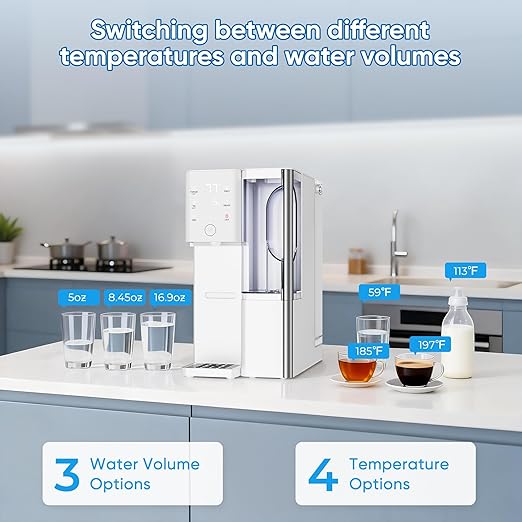 Reverse Osmosis Water Filter Countertop with Instant Hot Water, 4:1 Pure to Drain Ratio, TDS & Filter Life & Autofill Pitcher, 4 Temperature Settings (59℉-197℉), No Installation for Home/RV/Office