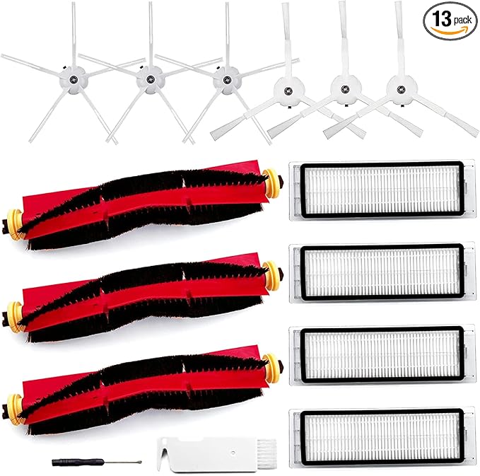Roborock Robot Vacuum Replacement Parts for Roborock S6 Pure S6 E4 S4 Max S6 MaxV S5 S5 Max S4 E2 E3 E5 E20 E25 E35 S50 S65 Xiaomi Mijia Robot Vacuum, 3 Main Brushes, 4 Filters, 6 Side Brushes