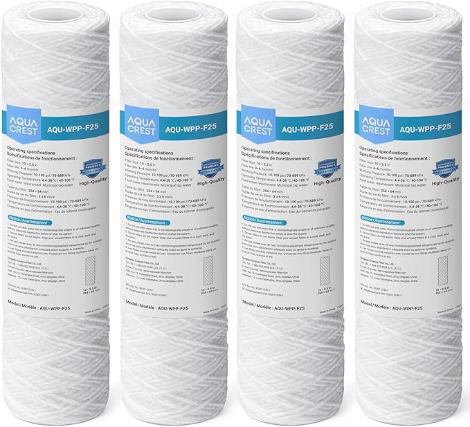 AQUA CREST 5 Micron 10"x2.5" String Wound Sediment Water Filter Cartridge for Well Water, Universal Replacement for Any 10 inch RO Unit, WP-5, Aqua-Pure AP110, CFS110, Culligan P5, WFPFC4002, 4Pack