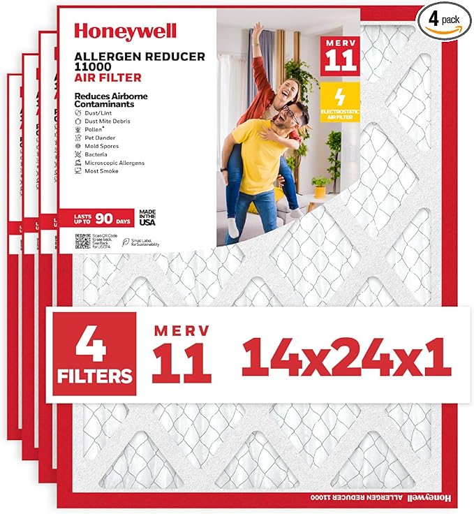 Honeywell 14x24x1 MERV 11 Allergen Reducer 11000 Electrostatic Pleated HVAC AC Furnace Air Filter (4-Pack) | Replacement Filter for Home Use | Made in USA