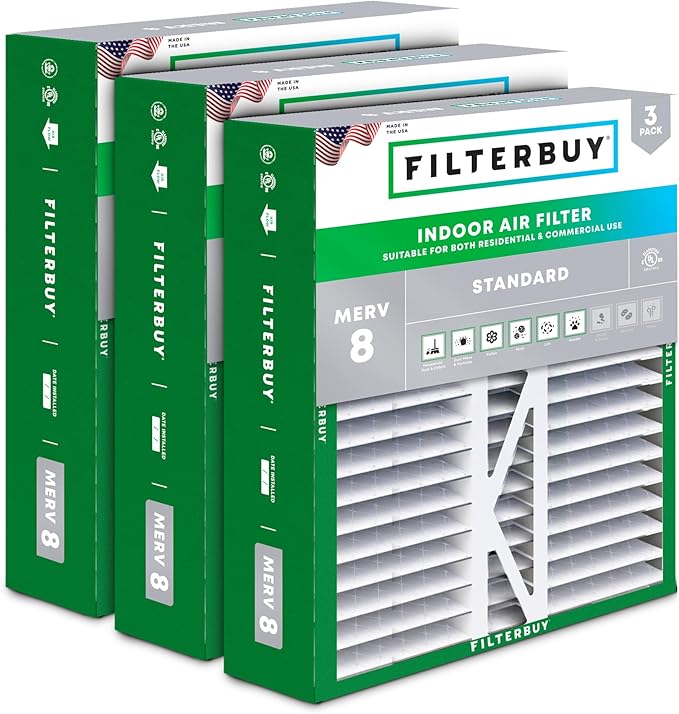 Filterbuy 16x22x5 Air Filter MERV 8 Essential Dust & Allergy Defense (3-Pack), Pleated HVAC AC Furnace Filters for Amana, Coleman, Goodman, York, and More (Actual Size: 15.38 x 21.88 x 5.25)
