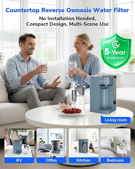 Mate 3 Reverse Osmosis Water Filter Countertop, 3:1 Pure to Drain, 44oz Smart Autofill Pitcher, No Installation Water Purifier, 8 Stage RO Water Filtration, with Remineralization, Blue